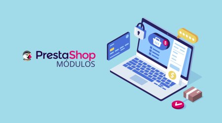Lo de Prestashop junto a la imagen vectorial de un portatil