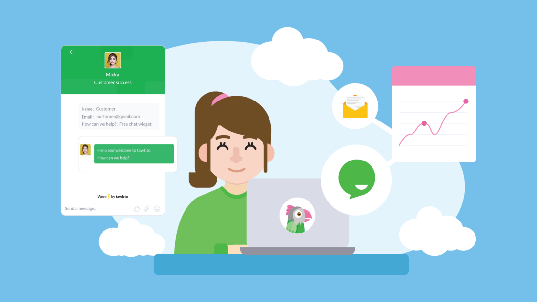 Imagen vectorial de una mujer gestionando un chat de tawk.to con cara feliz