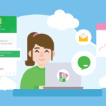 Imagen vectorial de una mujer gestionando un chat de tawk.to con cara feliz